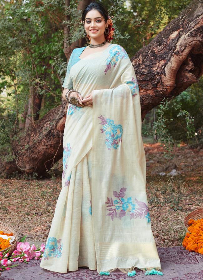 Cotton Sky Blue Traditional Wear Weaving Saree